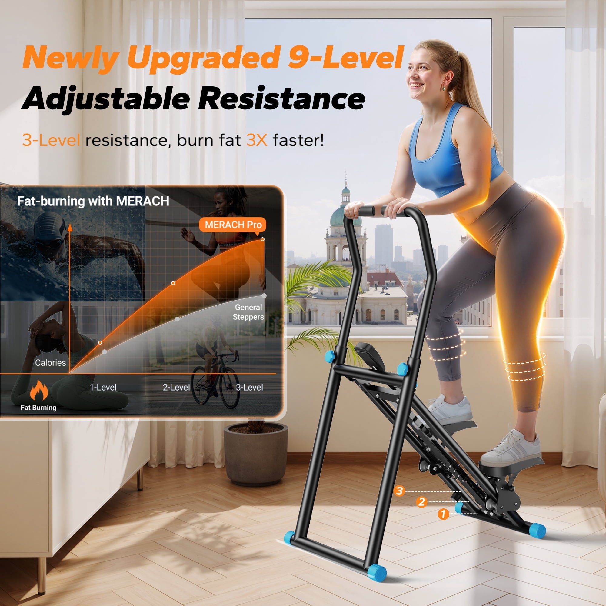 MERACH Stair Stepper Exercise Machine, Newly Upgraded 9 Levels Resistance Adjustable Climber, Compact Foldable Full-Body Workout Stepper Home Cardio Exercise Equipment